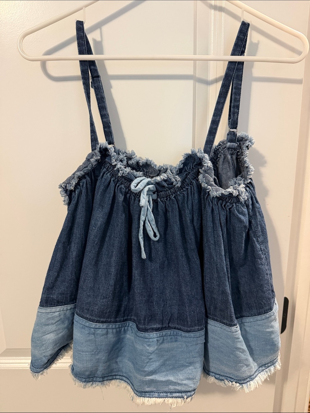 Pilcro Two-Tone Fringe Denim Tank Top - Dark Blue & Light Blue